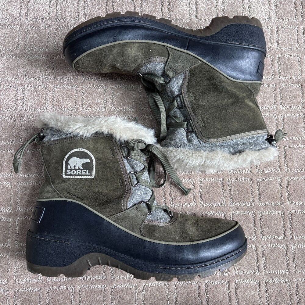 Sorel Tivoli III Snow Boots Women's 11 Waterproof Green Suede Faux Fur Lined